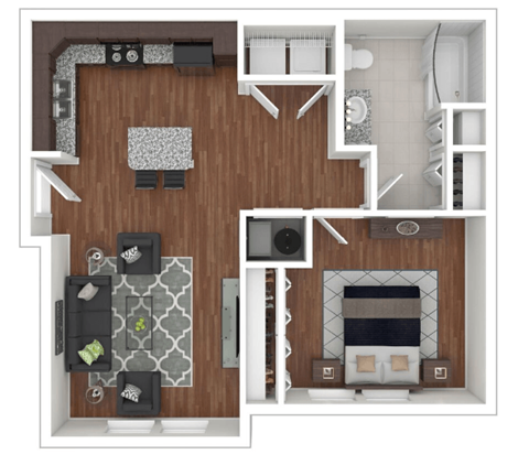 Floor plan for 1 bed, 1 bath, 708 sqft